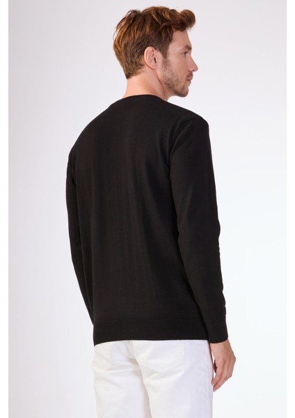 Siyah Bisiklet Yaka %100 Pamuk Düz Renk Slim Fit Erkek Triko fırsatları
