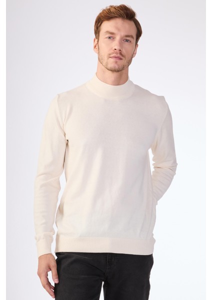 Ekru Yarım Balıkçı %100 Pamuk Düz Renk Slim Fit Erkek Triko