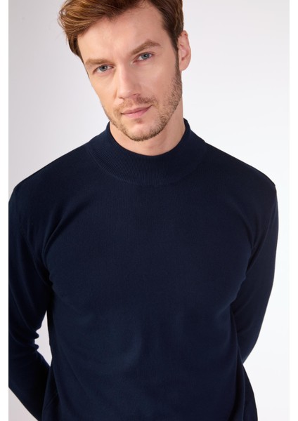 Lacivert Yarım Balıkçı %100 Pamuk Düz Renk Slim Fit Erkek Triko