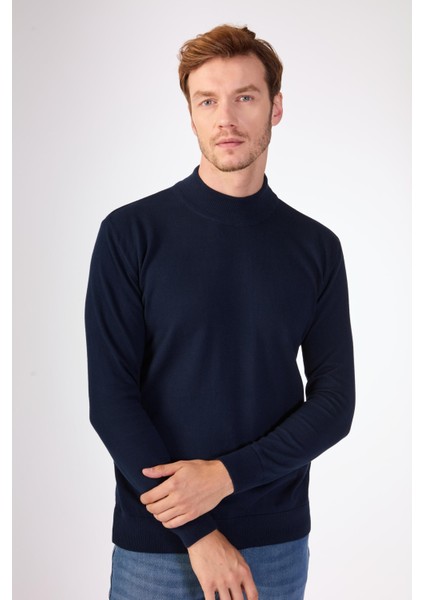 Lacivert Yarım Balıkçı %100 Pamuk Düz Renk Slim Fit Erkek Triko modelleri