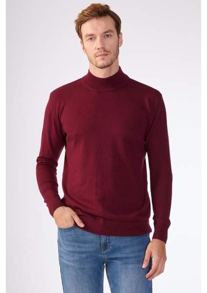 Bordo Yarım Balıkçı %100 Pamuk Düz Renk Slim Fit Erkek Triko