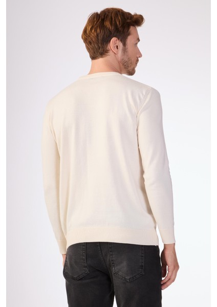 Ekru Bisiklet Yaka %100 Pamuk Düz Renk Slim Fit Erkek Triko fırsatları