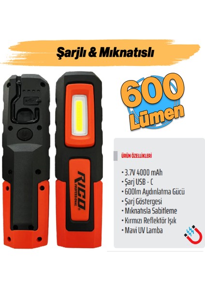 Mıknatıslı Şarjlı Ledli El Feneri 600 Lümen Lambası Spor Kamp Fener Sos & Uv Mavi Işık Oto Tamir