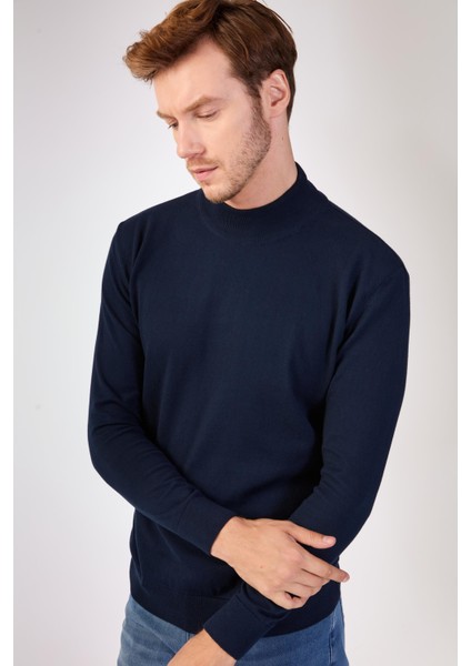 Lacivert Yarım Balıkçı %100 Pamuk Düz Renk Slim Fit Erkek Triko indirimleri