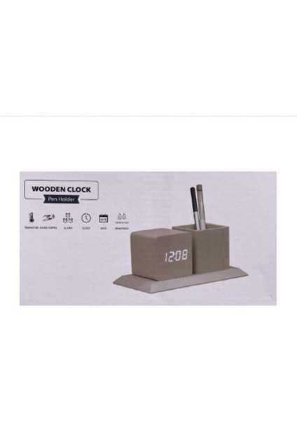 Clock Masaüstü Ahşap Kalemlikli Dijital Saat