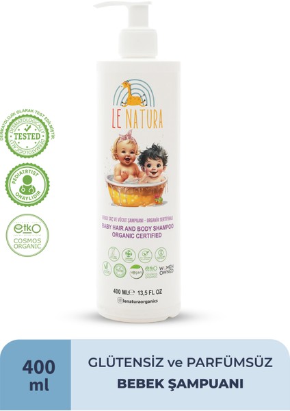 Organik & Vegan Sertifikalı, Glutensiz Bebek Saç ve Vücut Şampuanı - 400 ml