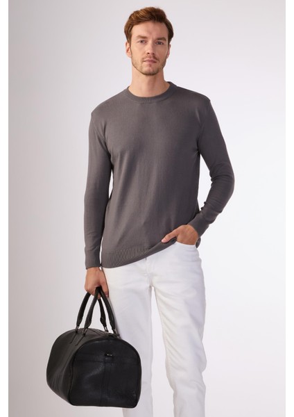 Antrasit Bisiklet Yaka %100 Pamuk Düz Renk Slim Fit Erkek Triko
