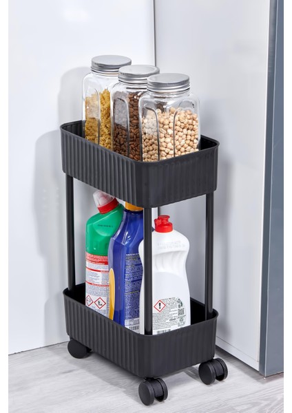 2 Katlı Tekerlekli Banyo-Mutfak Düzenleyici Pratik Raf Siyah