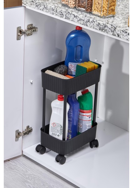 2 Katlı Tekerlekli Banyo-Mutfak Düzenleyici Pratik Raf Siyah fiyatları