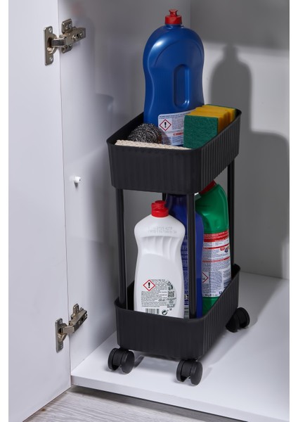 2 Katlı Tekerlekli Banyo-Mutfak Düzenleyici Pratik Raf Siyah modelleri