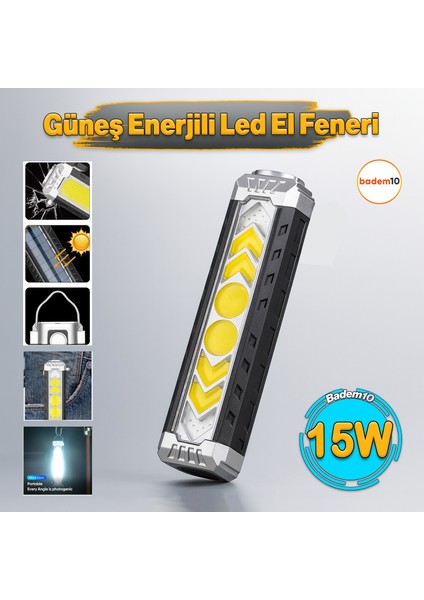 El Feneri Güneş Enerjli Ledli 15W Şarjlı Mıknatıslı Askılı Kamp Taktik El Feneri Su Geçirmez