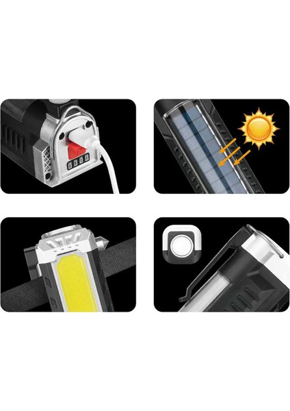 El Feneri Güneş Enerjli Ledli 15W Şarjlı Mıknatıslı Askılı Kamp Taktik El Feneri Su Geçirmez fırsatları