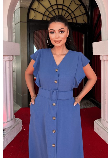 Ayrobin Kumaş Düğme Detaylı Elbise - Indigo Mavi modelleri