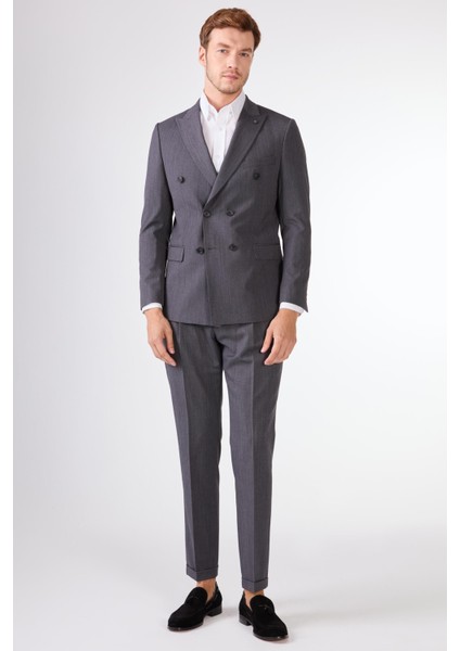 Gri Kruvaze Sivri Yaka Düz Slim Fit Erkek Takım Elbise