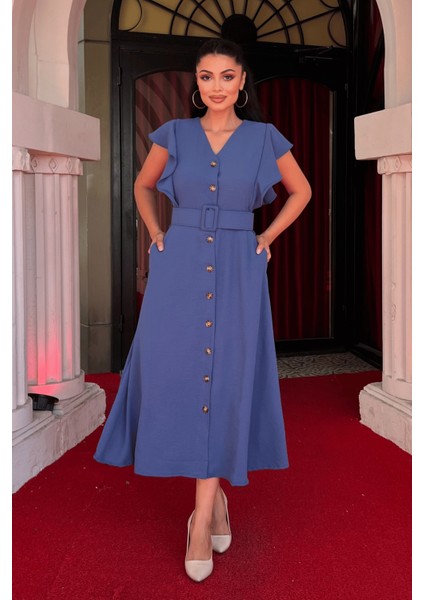 Ayrobin Kumaş Düğme Detaylı Elbise - Indigo Mavi