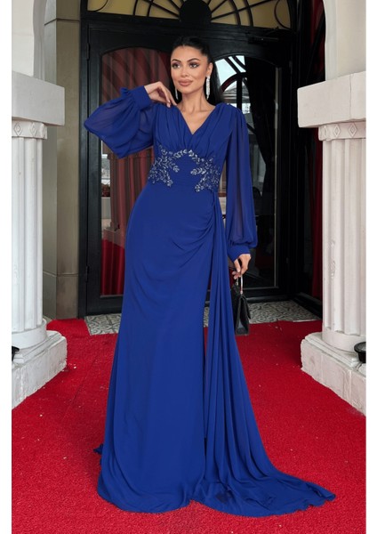 Şifon Kumaş Boncuk Işlemeli Şal Detaylı Abiye Elbise - Saks Mavi