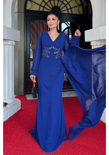 Şifon Kumaş Boncuk Işlemeli Şal Detaylı Abiye Elbise - Saks Mavi fiyatları