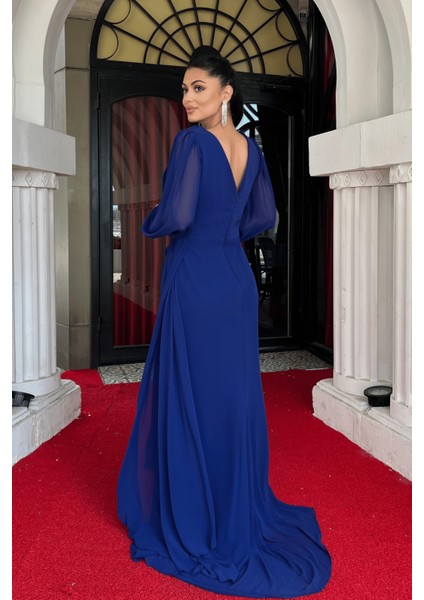 Şifon Kumaş Boncuk Işlemeli Şal Detaylı Abiye Elbise - Saks Mavi indirimleri