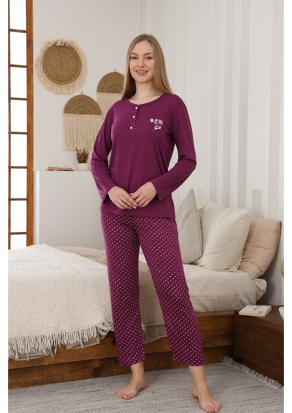 Dreamy Uzun Kollu Puantiyeli Düğmeli Yaka Pijama Takımı
