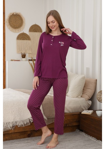 Dreamy Uzun Kollu Puantiyeli Düğmeli Yaka Pijama Takımı modelleri