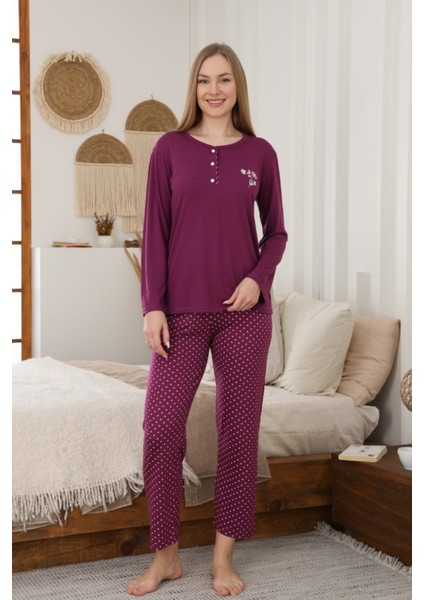 Dreamy Uzun Kollu Puantiyeli Düğmeli Yaka Pijama Takımı indirimleri