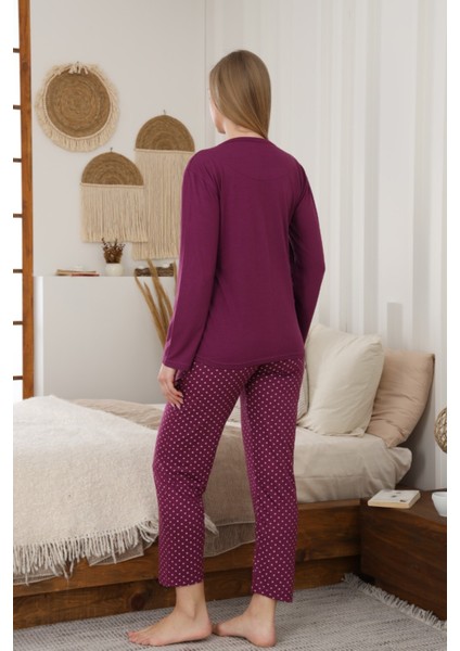 Dreamy Uzun Kollu Puantiyeli Düğmeli Yaka Pijama Takımı