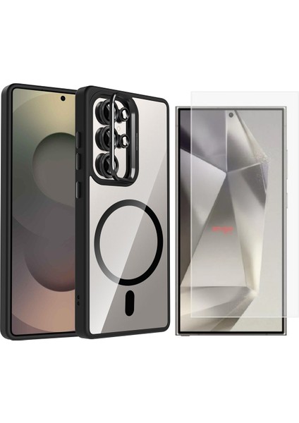 Galaxy S24 Ultra Kılıf Standlı ve Kamera Lens Hediyeli M-Safe Şarj Özellikli Zore Etro Kapak + Nano Ekran Koruyucu