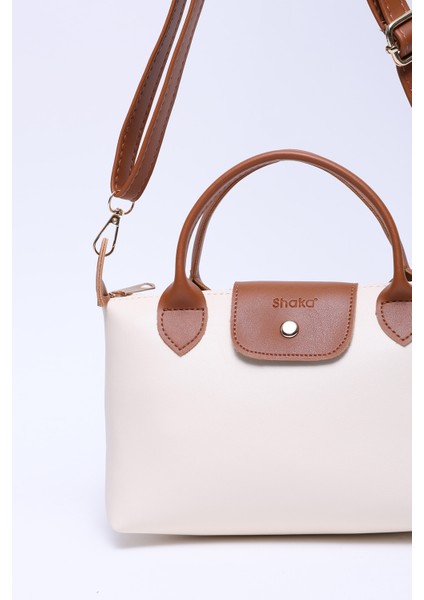 Krem - Taba SHK135 Suni Deri, Tek Bölmeli, Çift Askılı El, Kol ve Çapraz Omuz Çantası