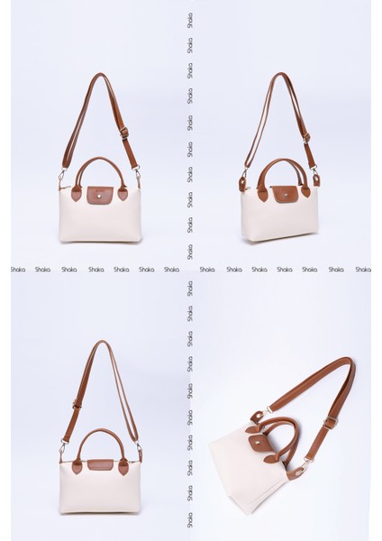 Krem - Taba SHK135 Suni Deri, Tek Bölmeli, Çift Askılı El, Kol ve Çapraz Omuz Çantası