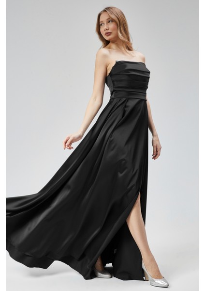 Kadın Abiye ve Mezuniyet Taşlı Drape Detaylı Yırtmaçlı Straplez Saten Abiye Elbise
