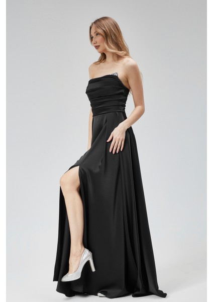 Kadın Abiye ve Mezuniyet Taşlı Drape Detaylı Yırtmaçlı Straplez Saten Abiye Elbise fiyatları