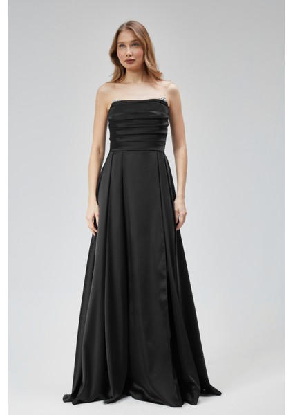 Kadın Abiye ve Mezuniyet Taşlı Drape Detaylı Yırtmaçlı Straplez Saten Abiye Elbise fırsatları