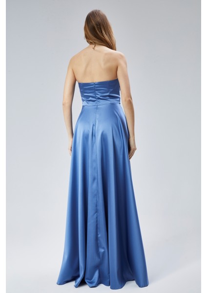 Kadın Abiye ve Mezuniyet Taşlı Drape Detaylı Yırtmaçlı Straplez Saten Abiye Elbise fiyatları