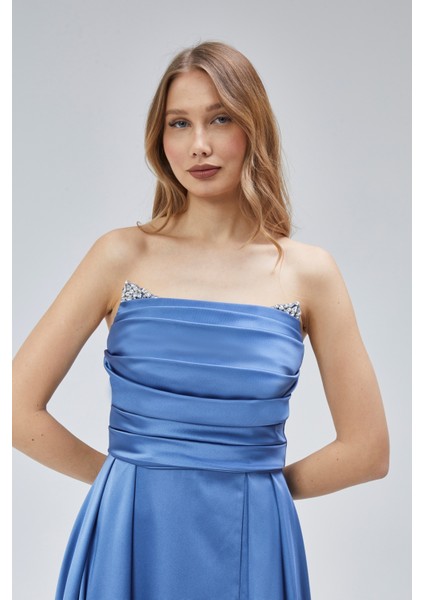 Kadın Abiye ve Mezuniyet Taşlı Drape Detaylı Yırtmaçlı Straplez Saten Abiye Elbise fırsatları