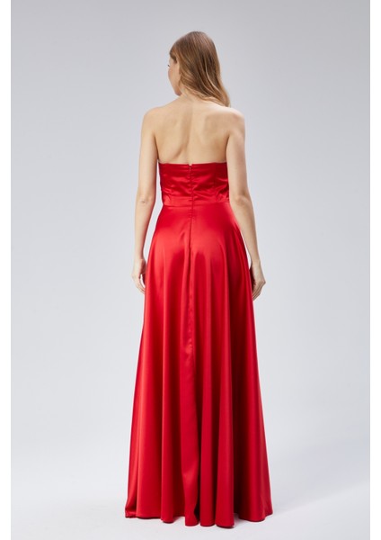 Kadın Abiye ve Mezuniyet Taşlı Drape Detaylı Yırtmaçlı Straplez Saten Abiye Elbise fiyatları