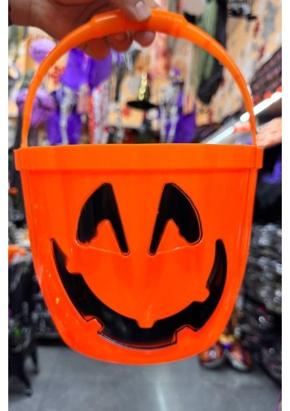 Halloween Işıklı Kulplu Şeker Kovası Bal Kabağı Turuncu