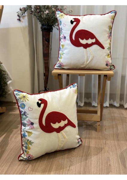 2'li Biyeli Kuğulu Dekoratif Punch Işlemlei Nakışlı Kırlent Kılıfı