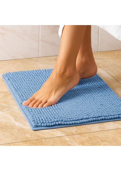 Lüks Mikrofiber Banyo Paspası - Su Emici, Modern ve Yumuşak Banyo Halısı (Mavi)