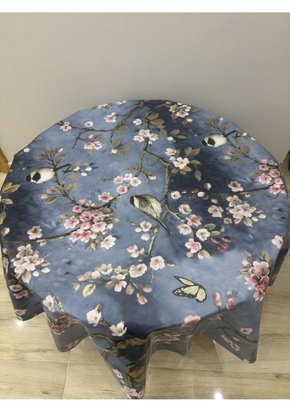 ve Kelebek Desenli Yuvarlak Masa Örtüsü, Mavi Zemin, 140 cm