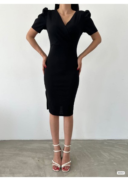 Kadın Kruvaze Yaka Yandan Yırtmaç Detaylı Scuba Krep Kumaş Midi Boy Elbise S-Siyah modelleri