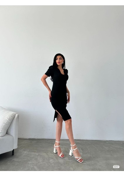 Kadın Kruvaze Yaka Yandan Yırtmaç Detaylı Scuba Krep Kumaş Midi Boy Elbise S-Siyah fırsatları