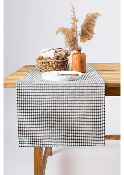 Wellstil Doku | Keten Piti Kareli Runner - Piknik Örtüsü 40 x 150 cm (Siyah)