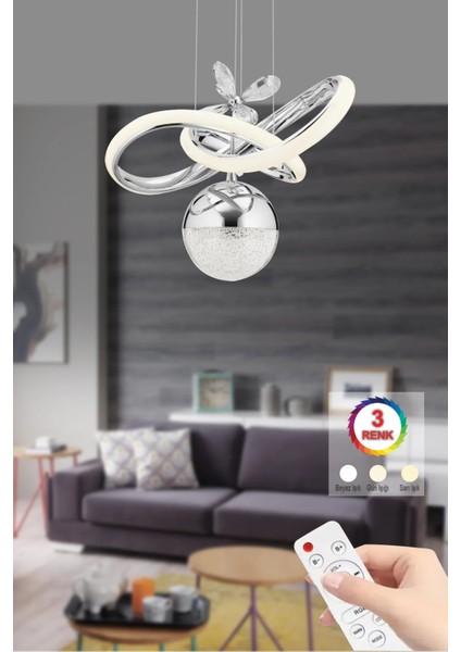 Istanbul Avize Begonvil Gümüş Kumandalı 3 Renkli Ledli Modern Taşlı LED Avize