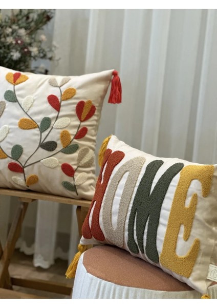 2'l Punch Işlemeli Püsküllü Nakışlı Dekoratif Kırlent Kılıfı fiyatları