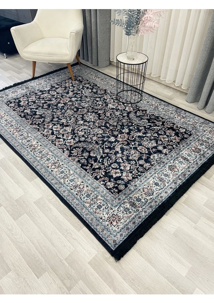 Lacivert Geleneksel Motifli Saçaklı Klasik Kaymaz Taban Halı