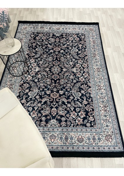 Lacivert Geleneksel Motifli Saçaklı Klasik Kaymaz Taban Halı indirimleri