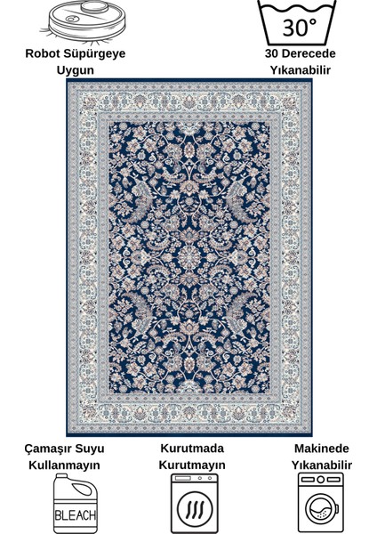 Lacivert Geleneksel Motifli Saçaklı Klasik Kaymaz Taban Halı
