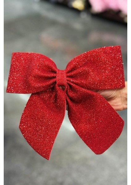 Yılbaşı Ağacı 2'li Fiyonk Kırmızı Simli Eva Kapı ve Cam Süsleme