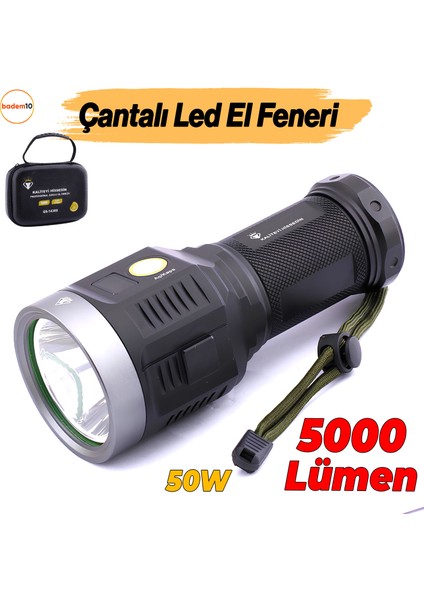 El Feneri Uzun Menzil 5000 Lümen 50W Li-Ion 8000 Mah Şarjlı Powerbank Ledli Parlak Su Geçirmez Kamp