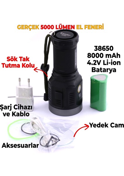 El Feneri Uzun Menzil 5000 Lümen 50W Li-Ion 8000 Mah Şarjlı Powerbank Ledli Parlak Su Geçirmez Kamp fiyatları